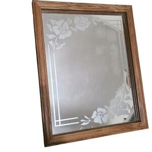 Vintage Etched Floral Mirror Retro MCM Mid Century Decor Wood Frame